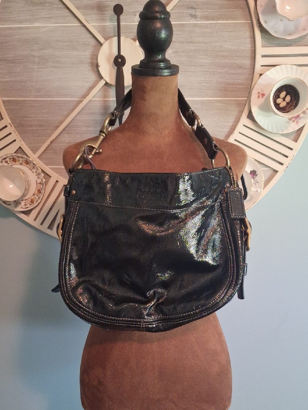 Coach Shiny Black Patent Leather Shoulder Bag with Brass Hardware